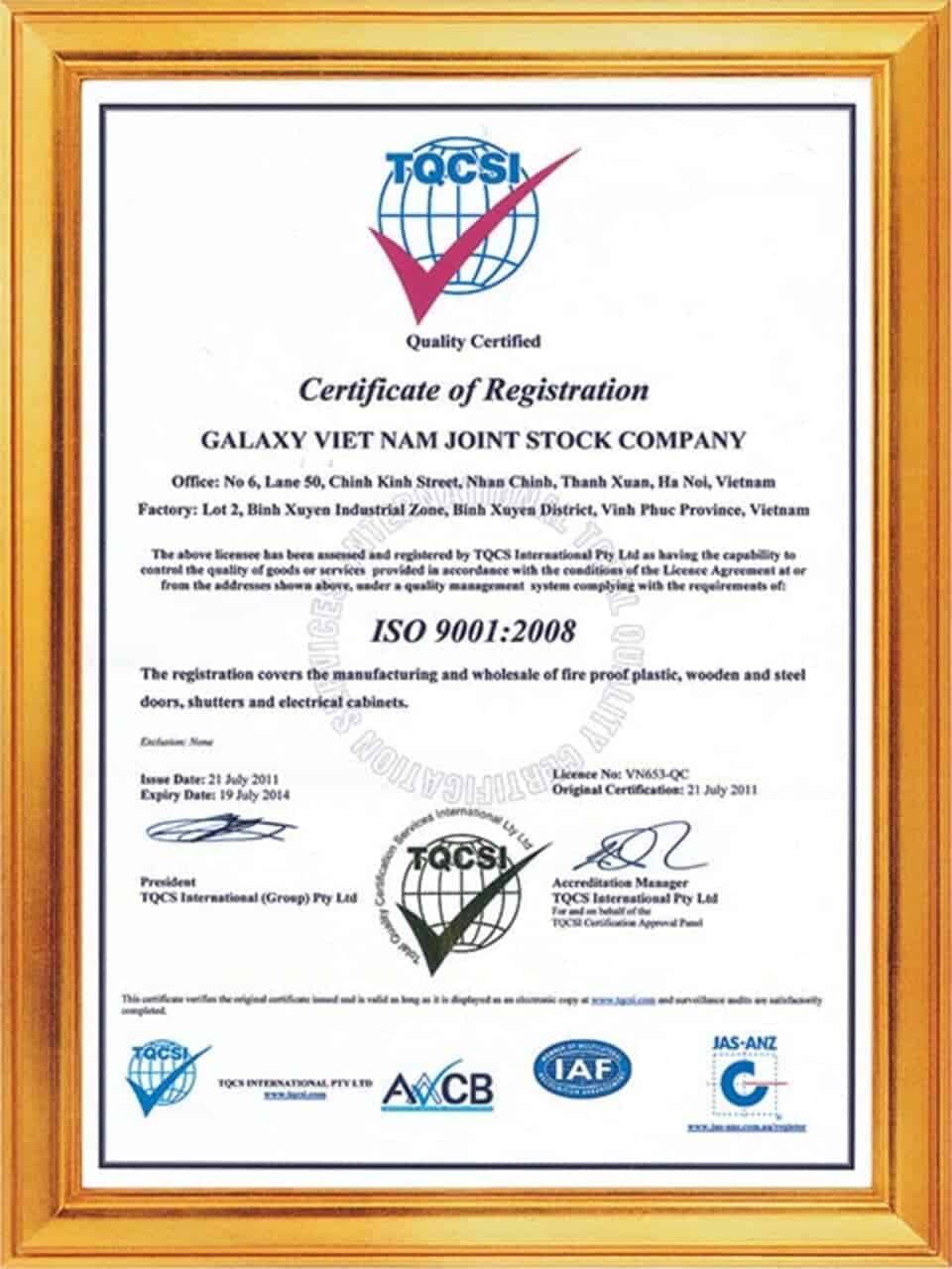 Chứng chỉ ISO 9001:2008, cấp cho cửa thép Galaxy